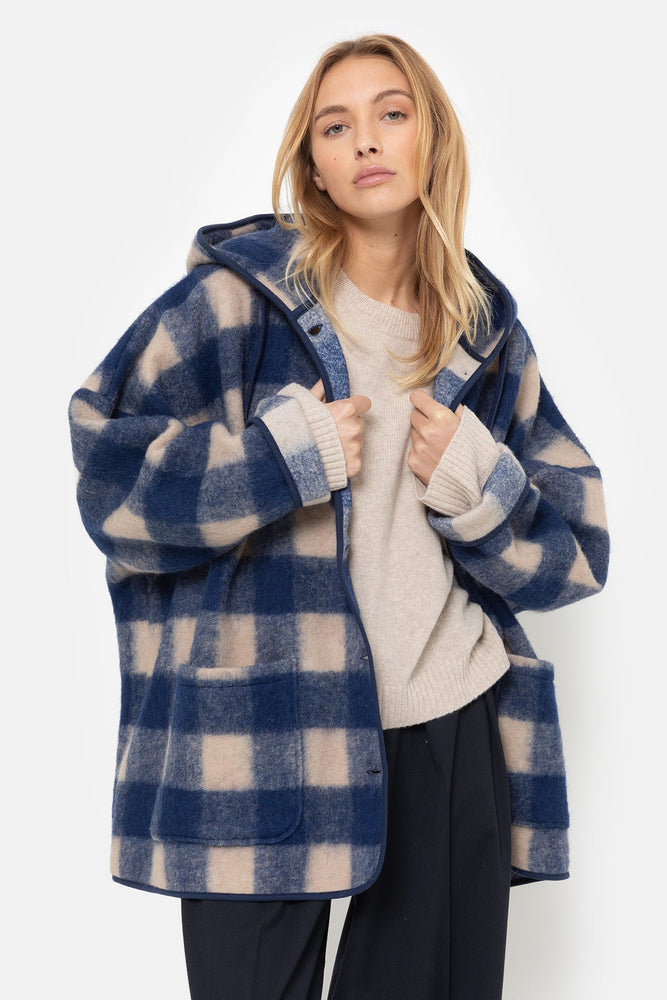 Âme Antwerp Kenji Wooly Jacket with Hoodie - Blue & Beige Checks