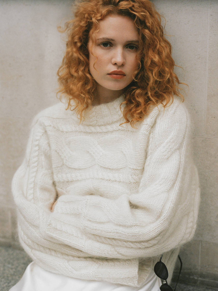 House of Dagmar Curved Cable Knit Sweater Off White