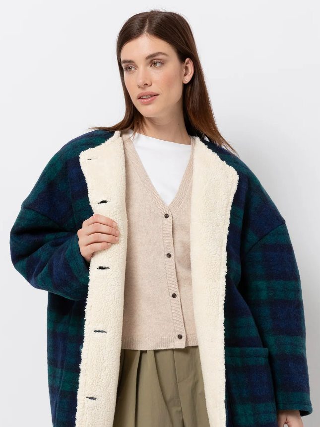 Hannah Teddy Oversized Jacket | Blue & Green Checks w/ Teddy Lining