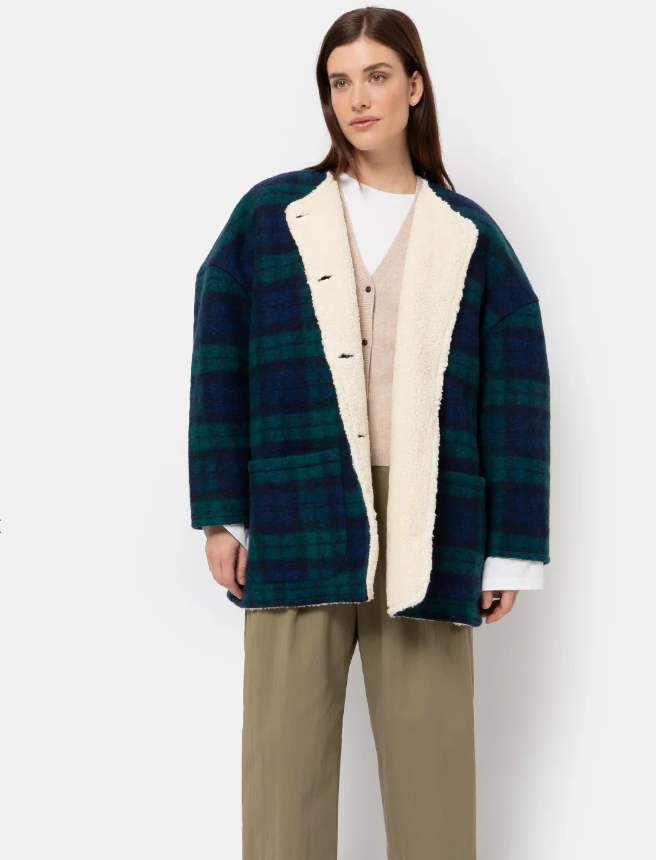 Hannah Teddy Oversized Jacket | Blue & Green Checks w/ Teddy Lining