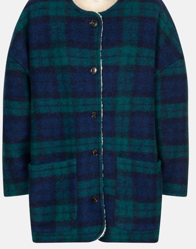 Hannah Teddy Oversized Jacket | Blue & Green Checks w/ Teddy Lining