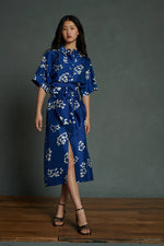 Soeur ANDORA DRESS  belted dupion silk maxi dress with santorin print