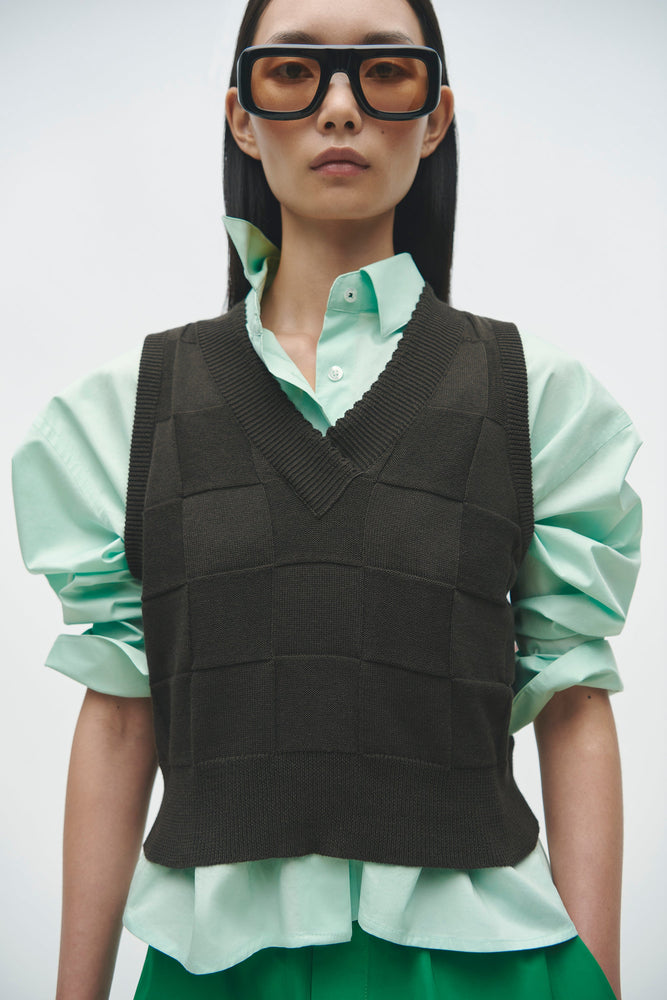 Cordera CHECKERED COTTON & CASHMERE WAISTCOAT  - DARK MOSS