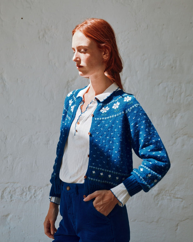 EMILE & IDA Camomille flowers jacquard cardigan - Royal
