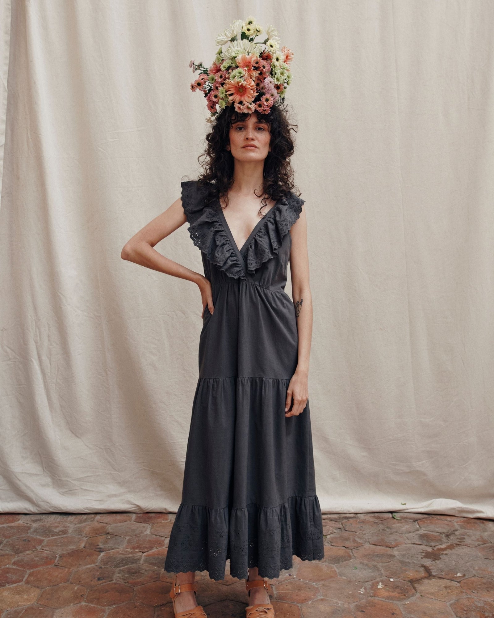 EMILE & IDA English embroidery maxi dress - Asphalt Grey Peony Rouge EMILE & IDA English embroidery maxi dress - Asphalt Grey Peony Rouge