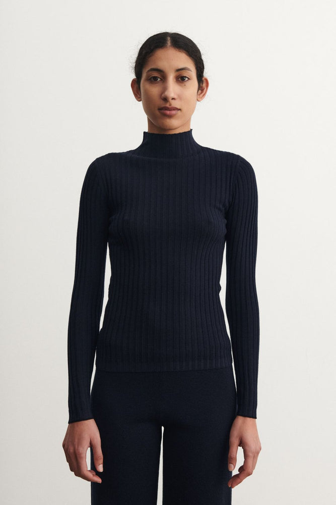 FUB High Neck Rib Blouse - Dark navy