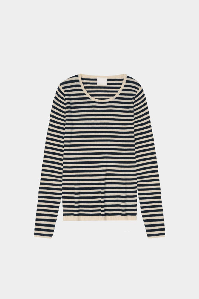 FUB Thin Rib Blouse - Ecru/Dark navy